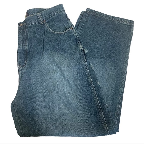 Mens Carpenter Jeans 42x32 Dtek Denim Straight Leg Medium Blue Wash - Picture 3 of 9